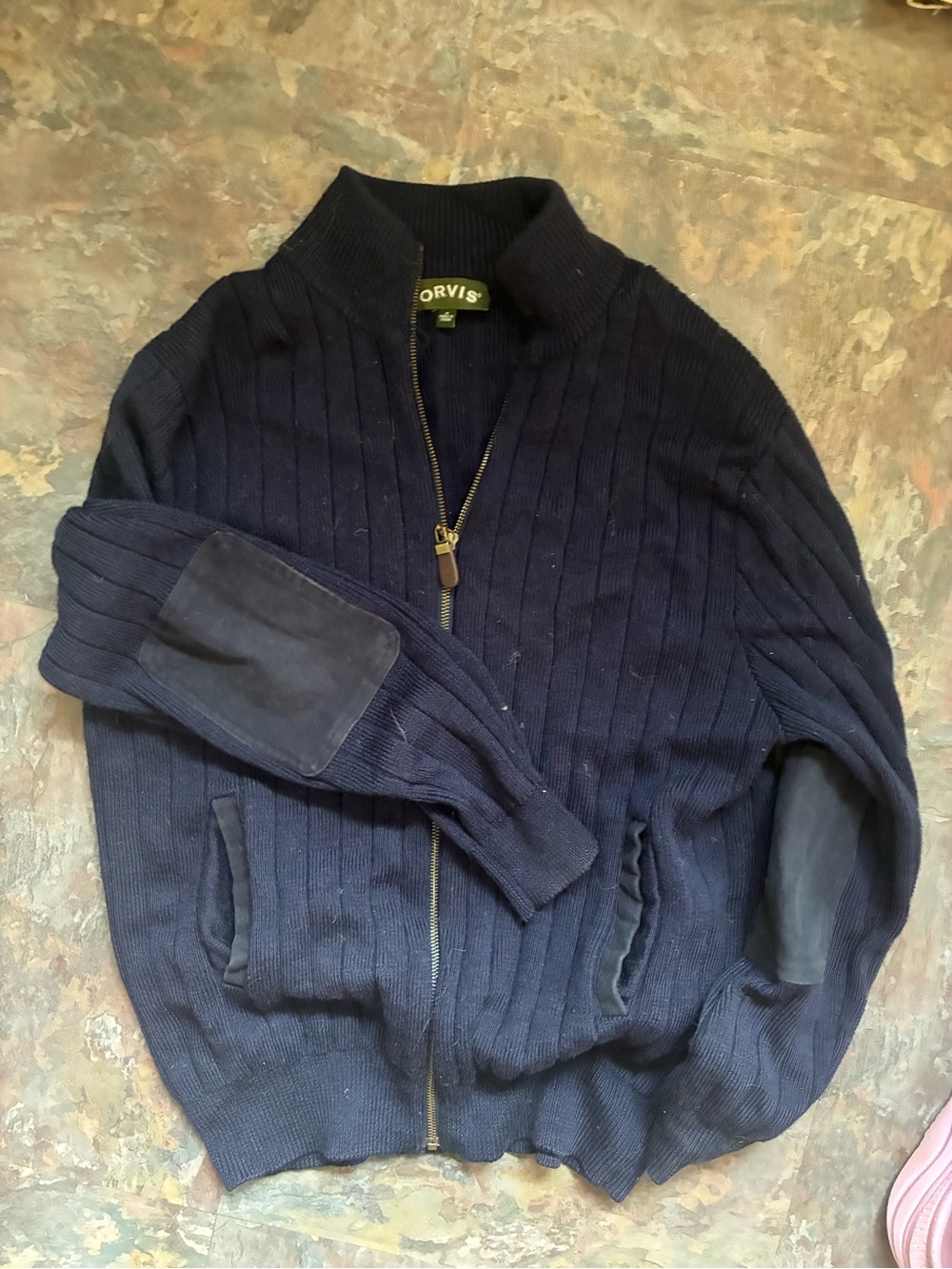 Orvis Navy Ribbed Zip-Up Sweater with Suede Elbow Patches
